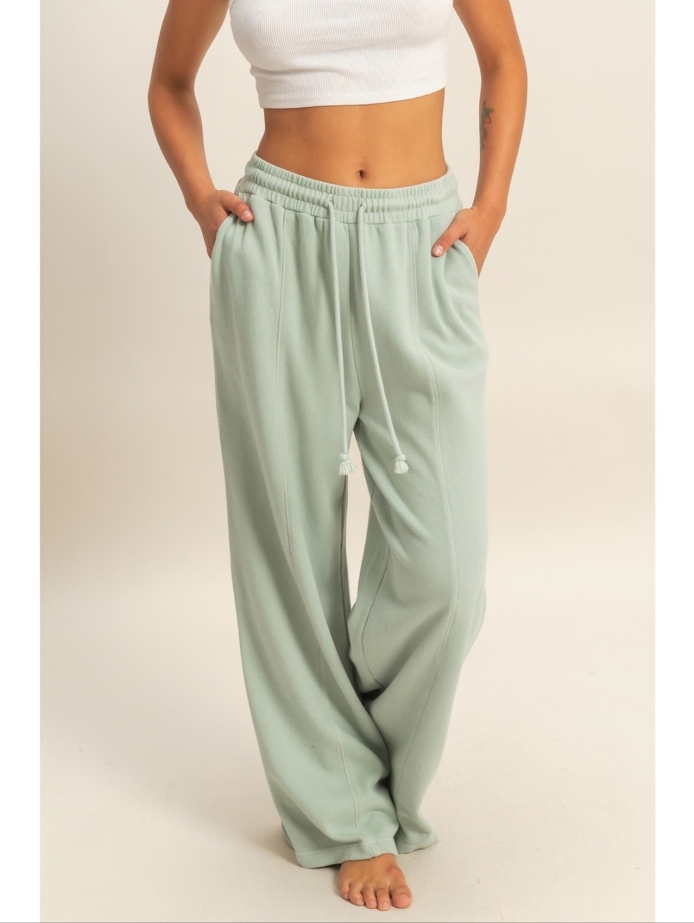 Double Zero Sage Green Wide-Leg Track Pants